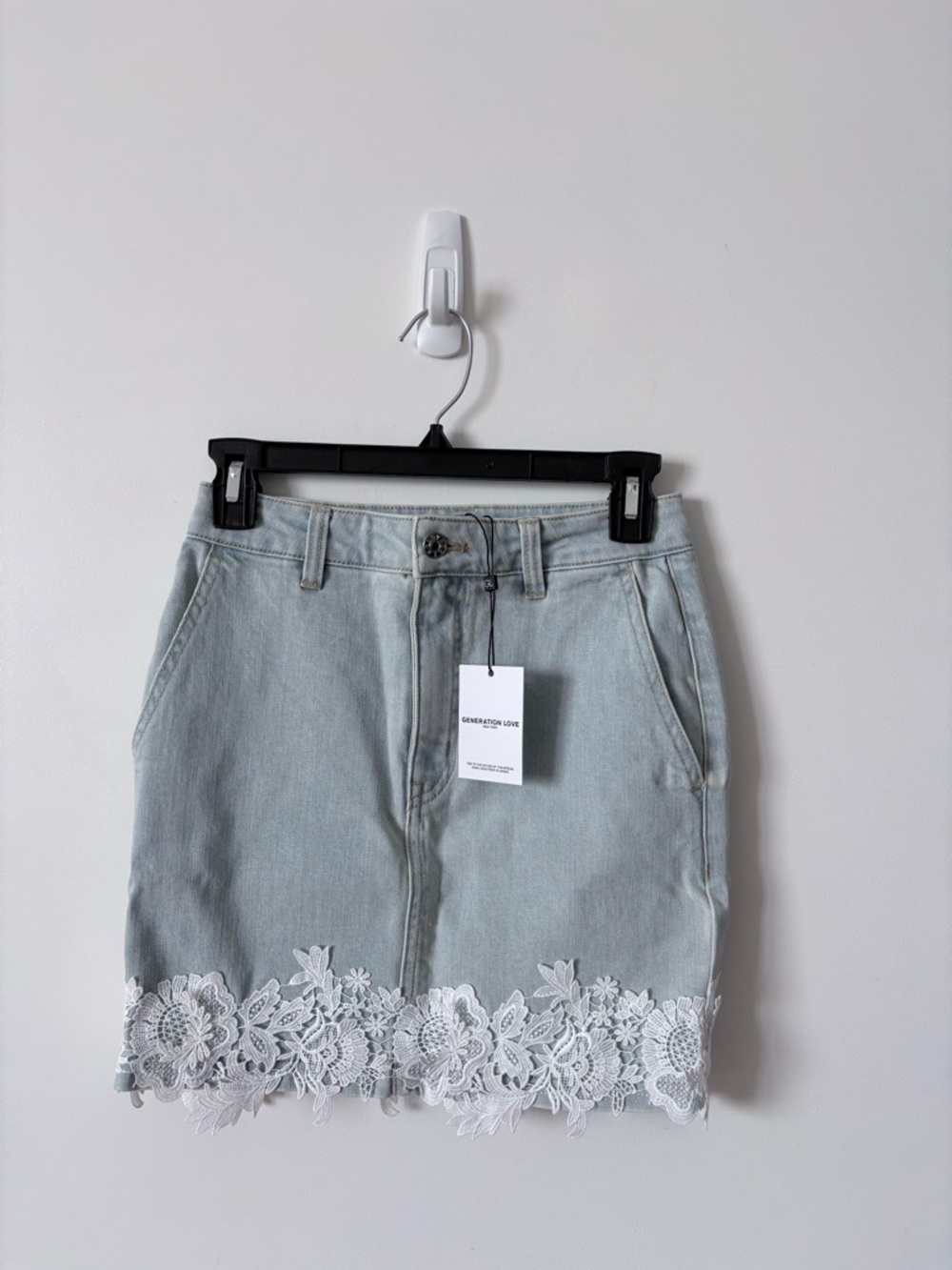 Generation Love Light Blue Denim Mini Skirt with White Lace Hem - Picture 3 of 6